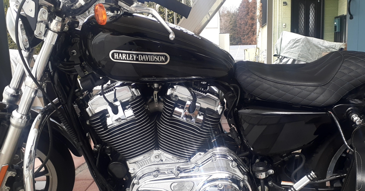 ハーレーXL1200Lスポーツスターのエンジンとタンクロゴのクローズアップ